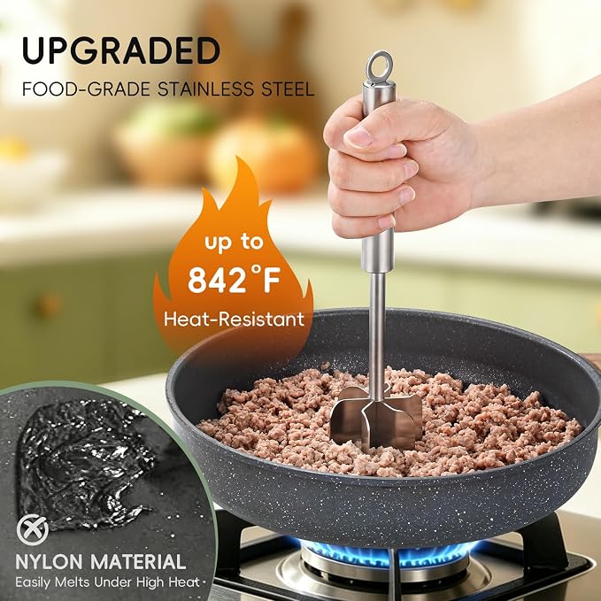 Stainless Steel Meat Chopper, ASWETMEL Meat Masher for Hamburger, Ground Beef Smasher, Hamburger Grinder Utensil for Ground Beef, Non Stick Mix Ground Chopper, Mix and Chop Potato Masher Tool