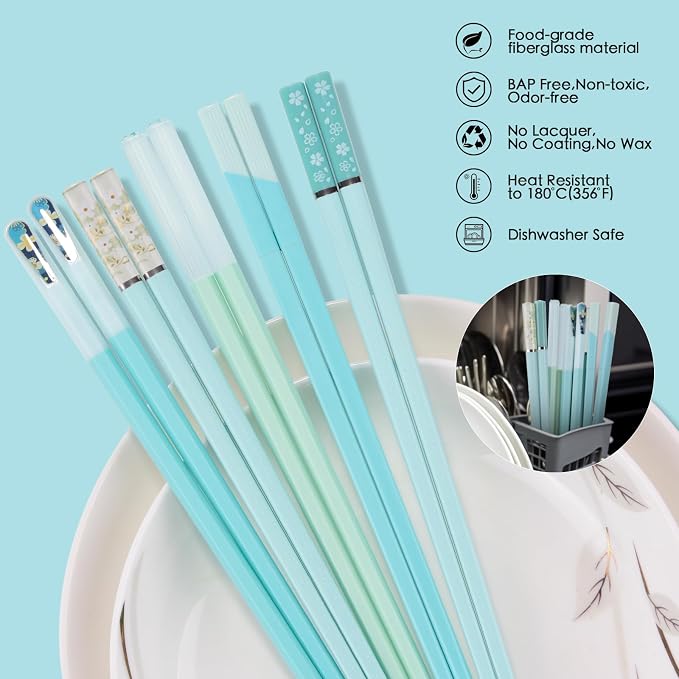Chopsticks Reusable Dishwasher Safe, GLAMFIELDS 5 Pairs 9.5 Inches Premium Chop Sticks Set for Sushi, Ramen, Asian Cuisine, Matte Non-slip with Gift Case, Light Blue