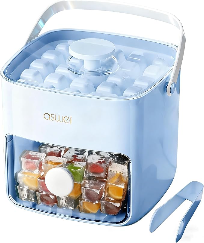 Ice Cube Tray for Freezer with Lid and Bin, Press Type Small Ice Cube Maker 48PCS with Storage Box Tongs, Stackable BPA-Free Silicone Ice Cube Trays for Small Freezer RV Coffee Cocktail Blue