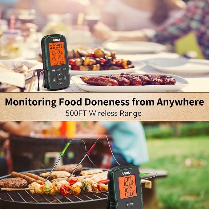 Wireless Meat Thermometer for Cooking, Digital Meat Thermometer with 2 Probes, 500FT Ultra Accurate & Fast Food Thermometer for Oven, Smoker, Green