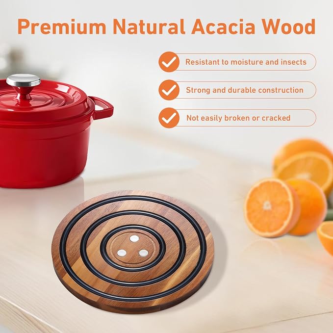 2 Pcs Magnetic Wooden Trivets, Acacia Wood with Black Silicone Rings, Magnetic Pot Holder for Le Creuset Enameled Cast Iron Dutch Oven & Cast Iron Skillets, Wood Trivet