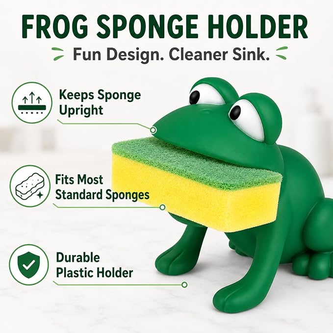 Dependable Industries inc. Essentials Frog Sponge Holder with Dual-Sided Sponge, Green Animal Shape Kitchen Sink Sponge Caddy, Cute Plastic Dish Sponge Organizer, Novelty Countertop Decor Gift