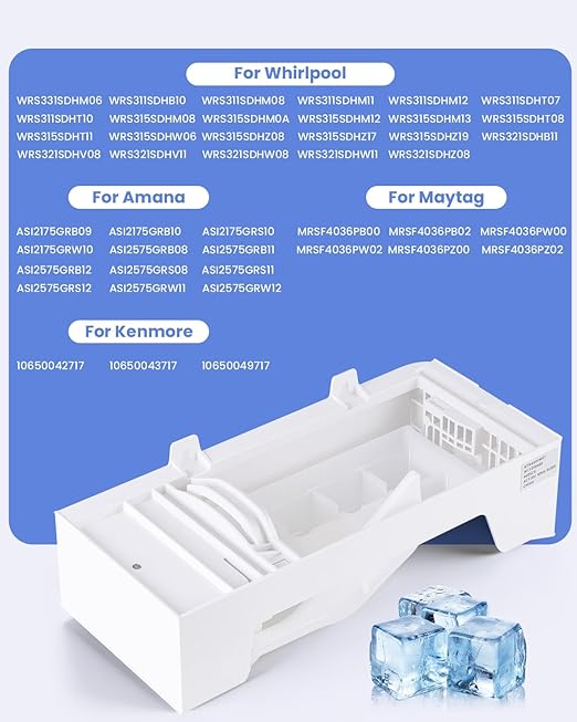 Upgraded Ice Maker Assembly W11700250 W11359448 W11546935 W11633658, Compatible with Whirlpool Kenmore Amana Maytag Replaces AP7019172 - Set Water Supply to 110ml to Avoid Ice Clumping White