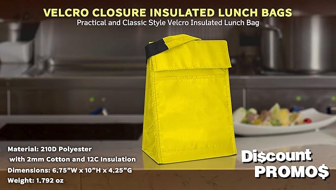 DISCOUNT PROMOS 10 Hook and Loop Insulated Lunch Bags Set - Polyester, Durable, Vibrant, Reusable - Yellow