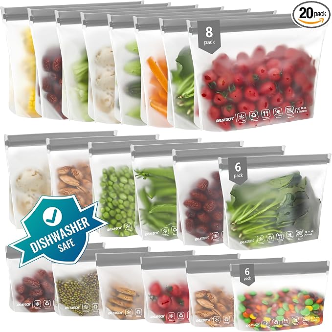 IDEATECH Food Storage Containers, BPA Free PEVA Reusable Gallon Freeezer Bags, Reusable Quart Size Sandwich Bag, Leakproof Baggies for Travel, Lunch, Healthy Food (8Gallon 6Quart 6Snack, Grey)