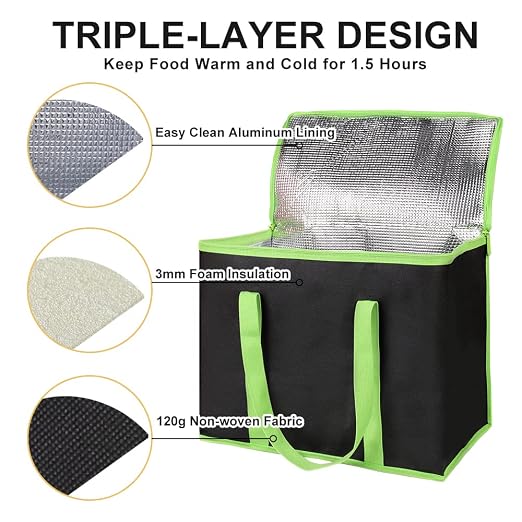 2-Pack Insulated Reusable Grocery Shopping Bag, X-Large, Black-Green | Insulated Food Delivery Bag, Commercial Catering Food Warmer, Tote Cooler Bag, Heavy Duty, Thermal/Frozen Food Storage Picnic