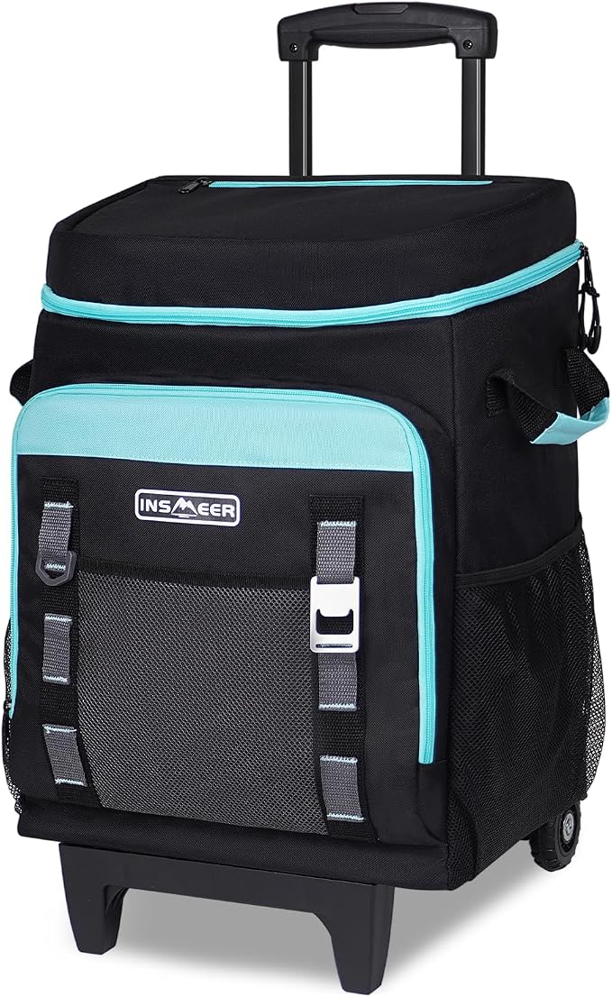INSMEER Cooler with Wheels and Handle, 80 Cans/50L Rolling Cooler, Portable Soft Sided Cooler with Wheel, 2-in-1 Collapsible Trolley Cart, Large Coolerbag for Grocery Shopping