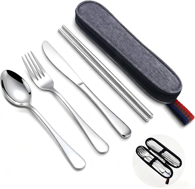 Reusable Travel Utensils Set with Case, Premium Stainless Steel Flatware, Portable Silverware for Lunch, Camping, Picnic, Travel Fork and Spoon Set, To Go Utensils, Dishwasher Safe (Silver)