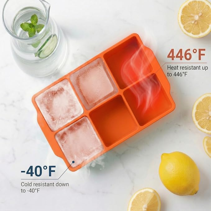 KitchFort® Large Silicone Ice Cube Tray (2-Pack), Easy Release 2" Big Ice Cubes - Cocktail, Whiskey Ice Cubes Mold - Ice Trays for Freezer with Lid - Stackable Silicone Ice Tray - Orange