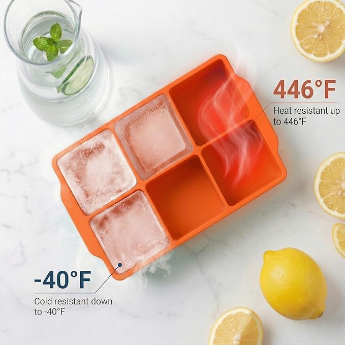 KitchFort® Large Silicone Ice Cube Tray (3-Pack), Easy Release 2" Big Ice Cubes - Cocktail, Whiskey Ice Cubes Mold - Ice Trays for Freezer with Lid - Stackable Silicone Ice Tray - Orange