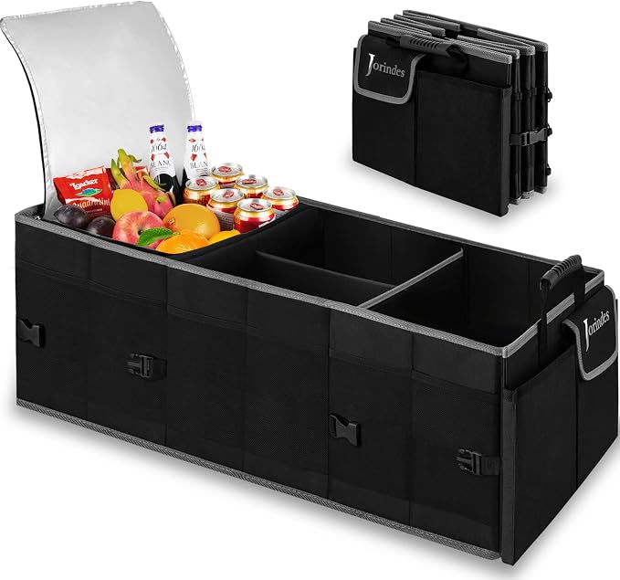Trunk Organizer and Storage with Built-In Insulated Leak Proof Cooler Bag | Collapsible Cargo Organizer for SUV with Non Slip Strips, 3 Large Compartments Foldable Waterproof Portable Car Storage Box