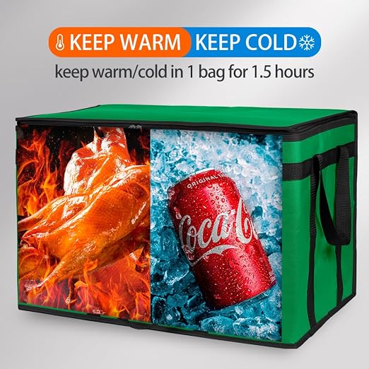 Bodaon Insulated Food Delivery Bag, XXXL Grocery Cooler Bag, Green, 1Pk | Pizza Delivery Bags for Hot/Cold Food, Commercial, Large Capacity Reusable Warming Bag, Catering Warmers for Parties/Picnic