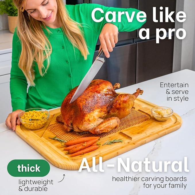 HUGE Organic Bamboo Extra Large Carving Board with Lifetime Replacements - 2XL Meat Cutting Board and Wooden Butcher Block with Pour Spout, Turkey Platter for Christmas Holiday Essentials