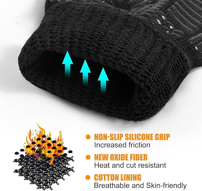 BBQ Gloves, Oven Gloves, 1472°F Extreme Heat Resistant Barbecue Gloves, Silicone Non-Slip Oven Mitts, Kitchen for Cooking, Grilling, and Baking