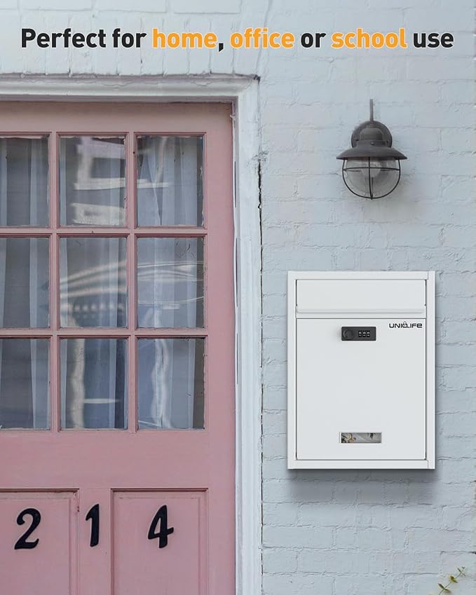 Uniclife Wall Mount Mailbox for Outside, Large Locking Mailbox, White | Security Mail Box with Combination Lock, Safe Key Drop Box, Post Box, Steel Cash Drop Box for Home Office School