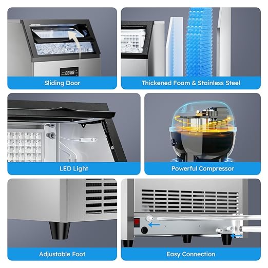 Commercial Ice Maker Machine - 200 Lbs/24H, Commercial Ice Machine with 50 LBS Storage Bin, Under Counter or Freestanding Ice Maker, 55 Ice Cubes in 5-15 min, Thicknesses Adjustable, Stainless Steel