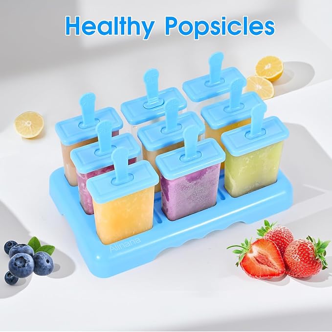 9 Cavities Popsicles Molds, Without BPA Popsicle Molds with Built-in Popsicle Stick, DIY Popsicle Molds with Cleaning Brush and Funnel