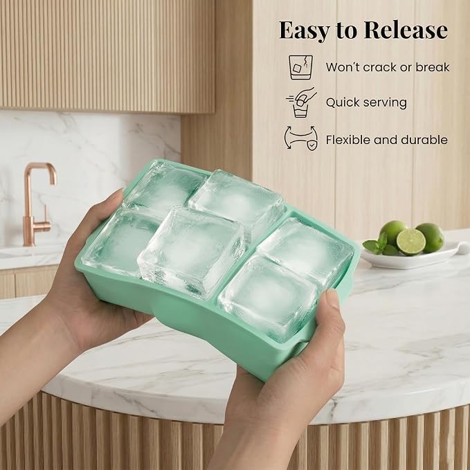 KitchFort® Large Silicone Ice Cube Tray (2-Pack), Easy Release 2" Big Ice Cubes - Cocktail, Whiskey Ice Cubes Mold - Ice Trays for Freezer with Lid - Stackable Silicone Ice Tray - Green