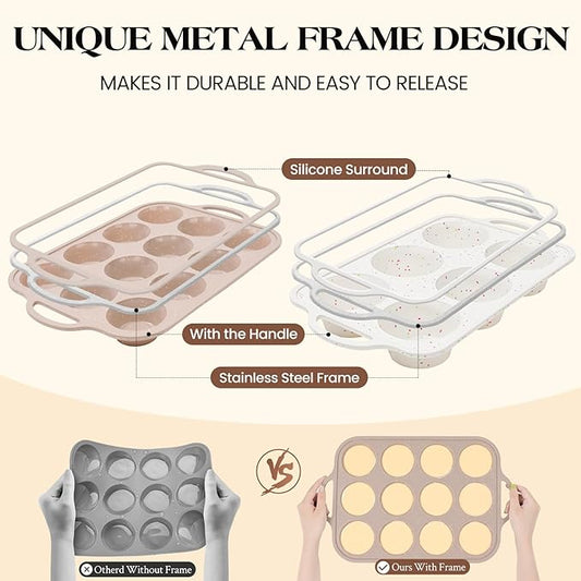 Vinino 2Packs Silicone Muffin Pans for Baking with Metal Reinforced Frame, 12 Cups Regular and 6 Cups Jumbo Nonstick Cupcake Pan, BPA Free Oven Dishwasher Safe Baking Mold for Muffins Cupcakes