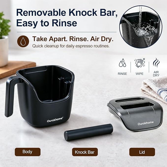 Ourokhome Espresso Knock Box with Lid, Compact Coffee Grounds Container for Home Coffee Bar, Removable Knock Bar, 304 Stainless Steel Exterior, Non-Slip Base & Handle, Easy Clean (Black)