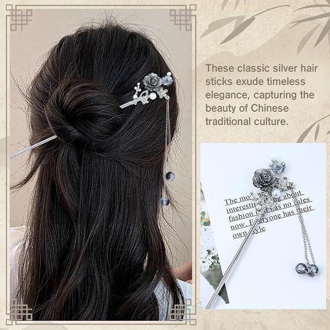 inSowni 8 Pcs Retro Vintage Asian Chinese Traditional Hanfu Silver Metal Flower Hair Sticks with Pearl Bead Pendants Bamboo Lotus Long Hair Chopsticks Forks Bun Updo Holders Hairpins for Women Girls