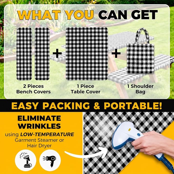 Vinyl Fitted Picnic Table Cover with Bench Covers & Bag 6ft Black Checkered | Rnoony Outdoor Waterproof, Windproof Tablecloth with Elastic Edges. Camping RV Gear Campers Must Have 72x30 Inches