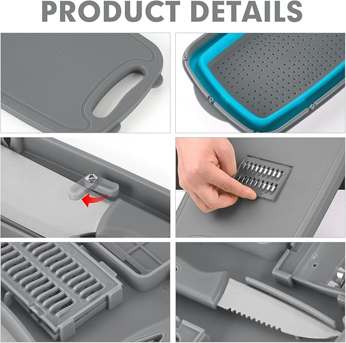 Camping Cutting Board, HI NINGER Collapsible Chopping Board with Colander, 9-In-1 Multi Chopping Board Kitchen Vegetable Washing Basket for Camper,Camping Gifts Camping Accessories for RV Campers