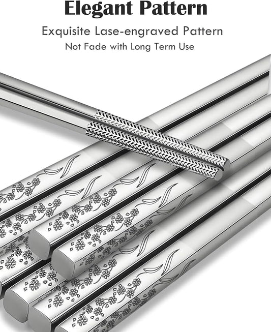 Metal Chopsticks Reusable 5 Pairs 18/8 Stainless Steel Chopsticks Orchid | Dishwasher Safe,Non-Slip Grip,Good for Beginners,Come in a Gift Box,SUS304 Resistant to Rust,Square,Chop Sticks Silver,9.25''