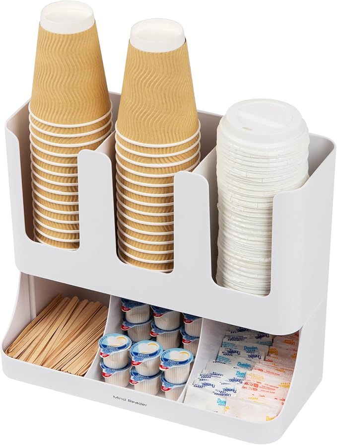 Mind Reader 6 Compartment Upright Breakroom Coffee Condiment and Cup Storage Organizer, White (Pack of 4)