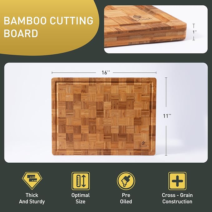 Bamboo Cutting Board 16'' Wood Wooden Cutting Boards for Kitchen Chopping | Heavy Duty, Solid & Durable, Juice Groove, Chopping Board, End Grain, Smart Flexible High Rank Stainless Steel Titanium