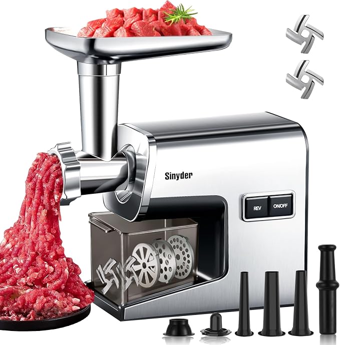 Sinyder Electric Meat Grinder 3000W Max Stainless Steel Mincer | Pure Copper Motor, Metal Gears, Stainless Steel Body, 2 Blades & 3 Grinding Plates, Sausage Stuffer Tubes & Kubbe Kit