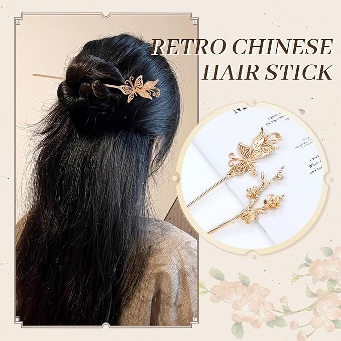 Lawie 10 Pack Gold Hair Sticks Flower Leaf Decorative Metal Long Hair Pins Bun Holders Chopsticks for Hair Chinese Hanfu Costume Retro Vintage Fancy Headpieces Accessories for Women Girls