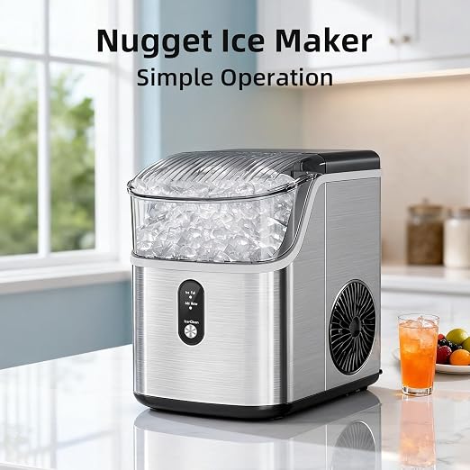 Antarctic Star Nugget Ice Maker Countertop with Soft Chewable Ice, Portable Sonic Ice Maker with Basket and Scoop, Removable Top Cover, Auto-Cleaning for Home/Party/RV/Camping (Stainless Steel Silver)