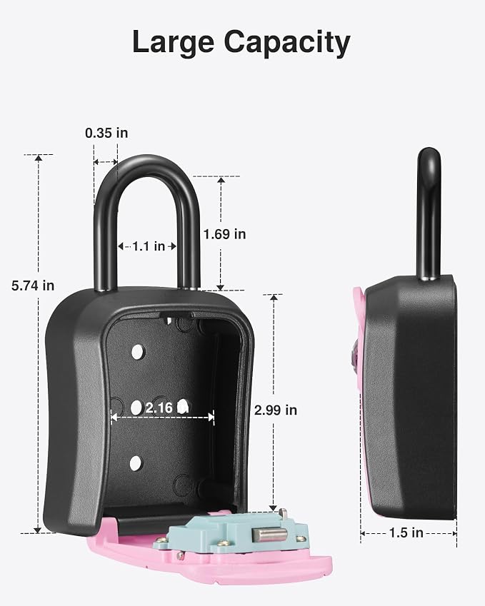 Puroma Key Lock Box Outdoor 4 Digit Code Combination Lockbox House, 1 Pink | For Contractors Guest Realtor Storage Keys, Portable, Home Wall Mount, Resettable, Combination, Weatherproof, High-capacity