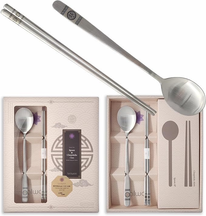 [5 Sets] [Made in Korea] Korean Sticky Rice Spoon Chopsticks Set Gold Titanium Plating 304 Stainless Steel Tableware Cutlery Set Mukbang Chopsticks (Korean Palace Pattern, 5 Sets)