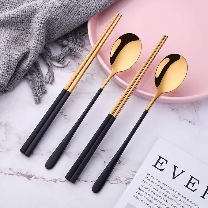 TEAHA Reusable Korean Chopstick and Spoon Set,4 Sets Long Handle Stainless Steel Spoon and Chopsticks Set,Metal Chopsticks Dishwasher Safe, Black Gold.