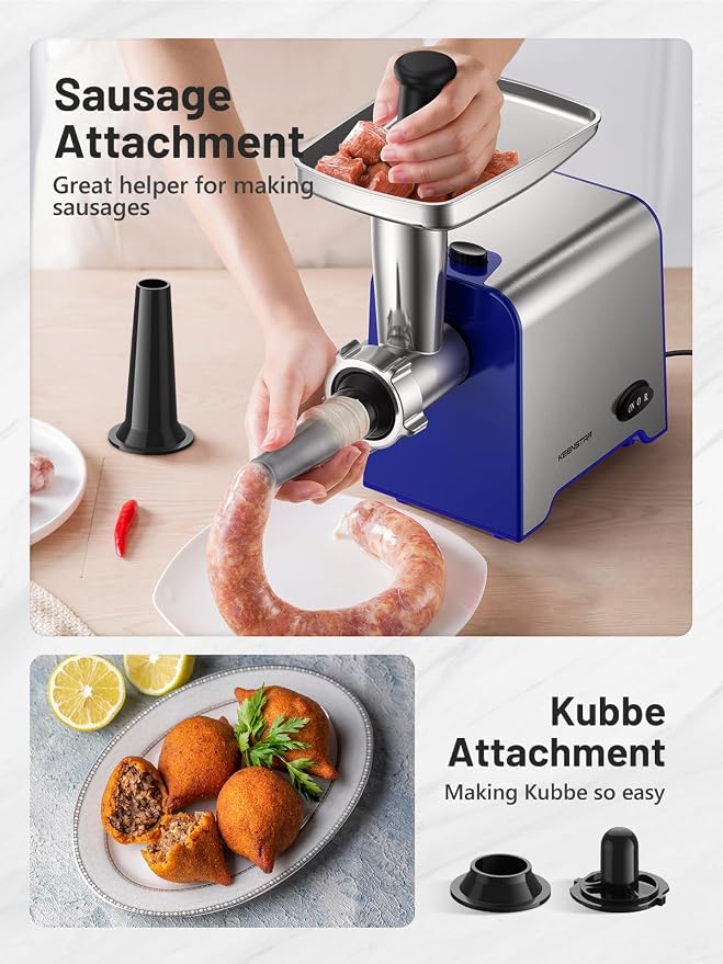 KEENSTAR Electric Meat Grinder, Sausage Stuffer Maker 450W Food Grinder with Blade & 3 Plates, Sausage Stuffer Tubes & Kubbe Kit, Stainless Steel Meat Mincer Machine for Home Kitchen Use (Blue)