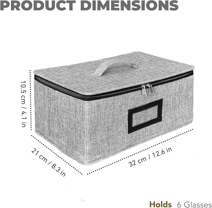 HURZMORO Stemware Storage Cases, Wine Glass Storage Box Containers for Glassware or Crystal, Holds 6 Red or White Glasses, Hard Top and Sides (Grey, Mug and Wine Glass Storage Box, 6 Compartments)