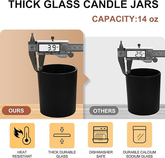 14 OZ Thick Candle Jars for Making Candles 12 Pcs, 3 Wick Empty Jars with Wood Lids for Candle Making, Sample Container,Matte Black