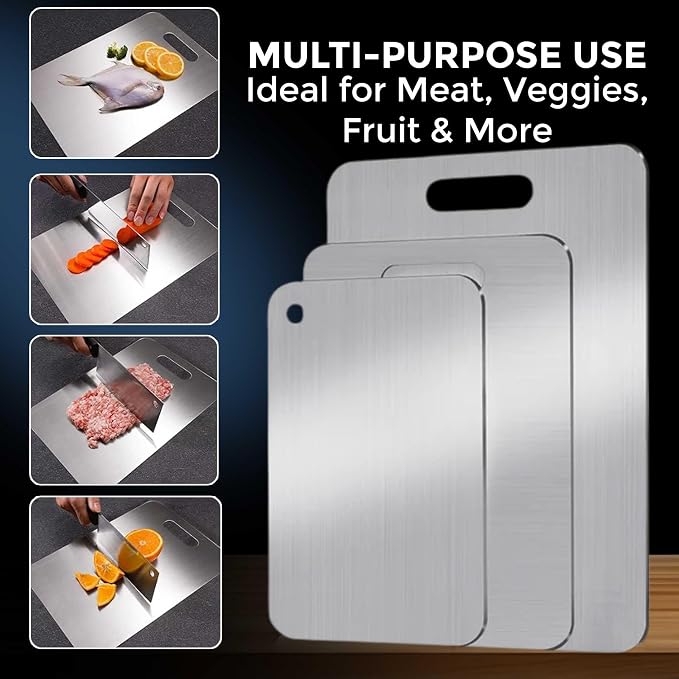 Stainless Steel Cutting Boards for Kitchen | 3 PCS 304 Stainless Chopping Board Set, Non Stick, Rust-Resistant & Easy to Clean | Perfect for Meat, Vegetables & Fruits (15.3x11, 13.4x9, 11.8x7.9 in)