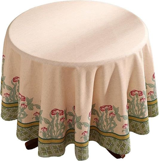 patdrea Designer Green Tablecloth for Round Table,Vintage Linen Leaves Pattern Table Cloth,Floral Cover Fall Decor for Kitchen Dining Christmas,Thanksgiving,Diameter 67"-Cecilia D