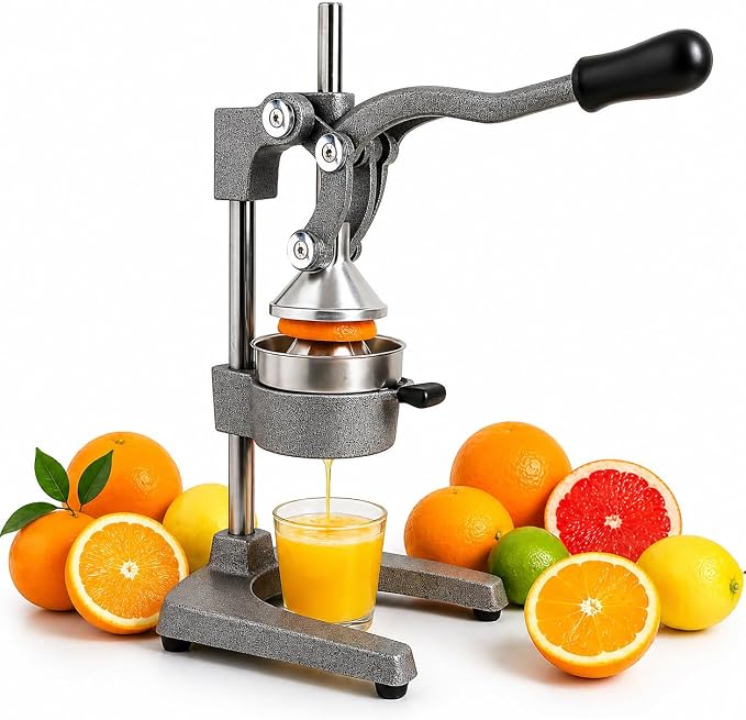 Cast Iron Juicer Hand Press – Heavy Duty Manual Citrus Juicer, Professional Orange Press, Stainless Steel Lemon Squeezer & Lime Juice Extractor (gray)