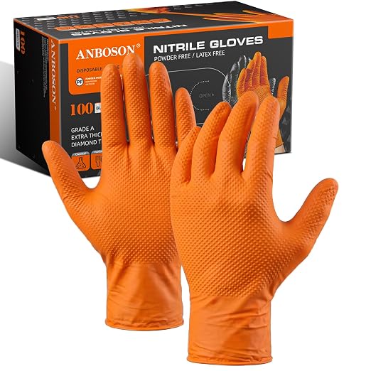 ANBOSON 10 Mil Heavy Duty Mechanic Nitrile Gloves, XLarge Orange 100 Count | Diamond Grip,Latex Free,Chemical Resistant Disposable Thick Rubber Gloves for Auto Repair, Industrial, Food, Work ,BBQ,Men