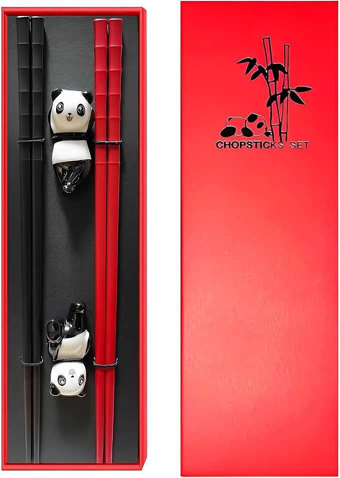 Chopsticks Gift set With Ceramic Rest Reusable Dishwasher Safe,Red Black | Cute Panda Chopsticks Holder, Anniversary Gift for Couple