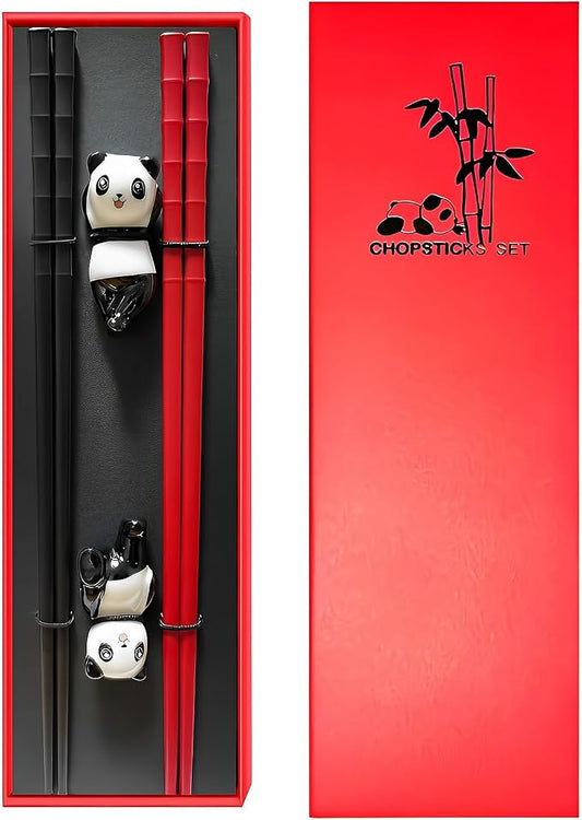 Chopsticks Gift set With Ceramic Rest Reusable Dishwasher Safe,Red Black | Cute Panda Chopsticks Holder, Anniversary Gift for Couple