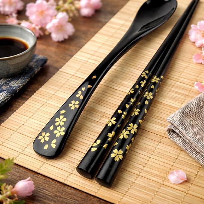 Premium Japanese Chopsticks with Spoon Reusable [ Made in Japan ] Traditional Lacquer Art Wooden Chopsticks (Gold Flower BK(YM2001))
