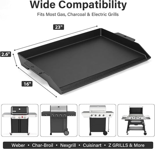 23"x16" Cast Iron Universal Griddle for Gas Grill - 23.5lb Heavy Duty - Pre-Seasoned Nonstick Surface, Reinforced Ridges & Extra High Sidewalls, Flat Top Plate for Gas/Charcoal