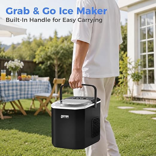 OSTBA Countertop Ice Maker Machine, Portable Ice Maker Makes 9 Bullet Ice Cubes in 6 Minutes, 26Lbs/Day Ice Makers Countertop with Self-Cleaning, Compact Mini Ice Maker for Home Kitchen RV Party
