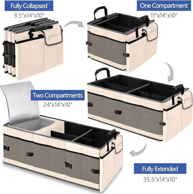 Trunk Organizer and Storage with Built-In Insulated Leak Proof Cooler Bag | Collapsible Cargo Organizer for SUV with Non Slip Strips, 3 Large Compartments Foldable Waterproof Portable Car Storage Box