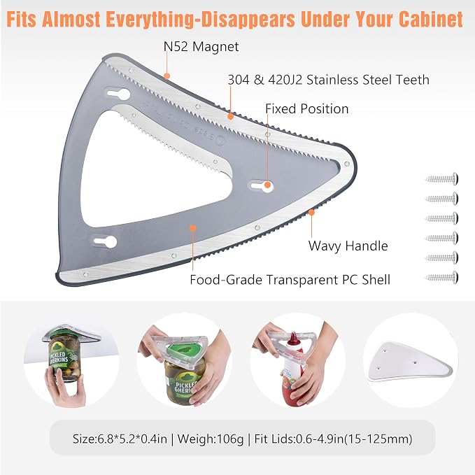 Uinxan Jar Opener-Handheld & Cabinet Mounted with Bracket for Weak Hands | Effortless Opening for Screw Lids, Bottle Caps & Odd-Shaped Tops, Patented, Magnetic Storage, 304 Stainless Steel (Black)
